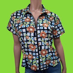Vintage 90s Funky Floral Top Daisy Print Size L Rave Kidcore Zip Up Blouse